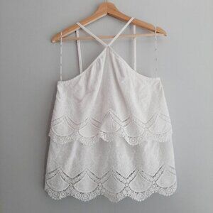 KENSIE Medallion Lace Floral Halter Tank Top Scalloped Hem White Sz M Flawed